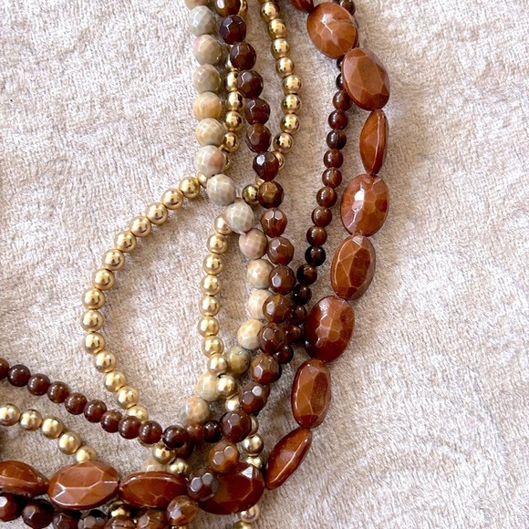 Multi-Strand Beaded Brown & Gold Tone Beaded Statement Necklace Adjustable - Picture 5 of 15